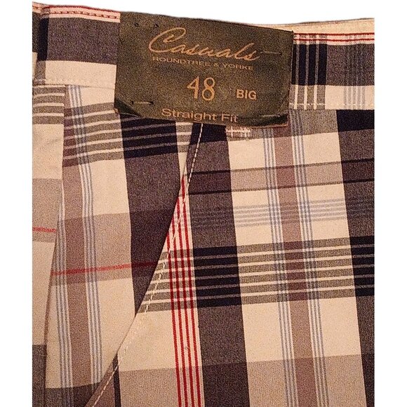 ROUNDTREE & YORKE MEN’S SIZE 48 RED WHITE BLUE PLAID COTTON FLAT CASUAL SHORTS - Picture 3 of 5